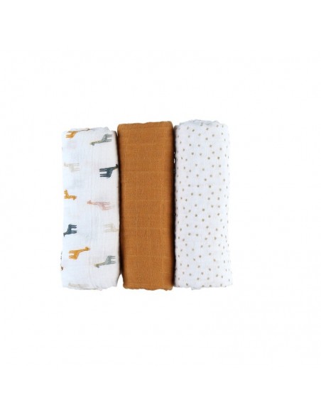 SET 3 DOEKEN 70X70CM, BIO MOUSSELINE DINO